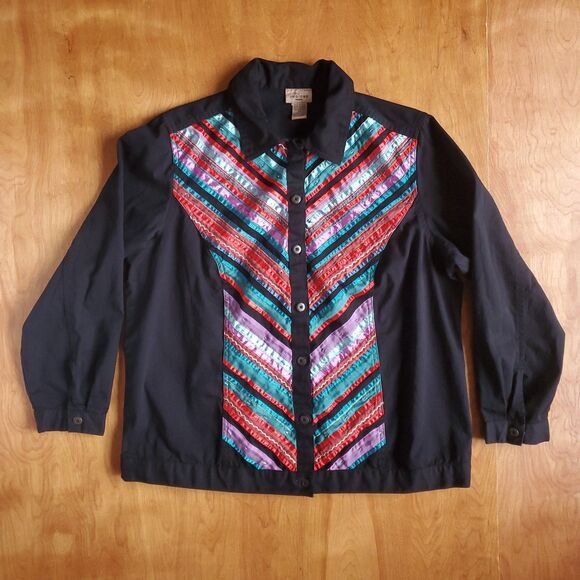 Vintage Lightweight Denim Jacket 1X Black Stripe Button Front Western Southwest - Picture 7 of 11
